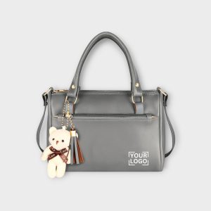 Grey Luxurious Faux Leather Handbag With Teddy Bear HB19