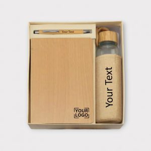 Premium Eco Gift Set with Custom Branding: Notebook, Pen & Bottle - GS3-03-WOOD