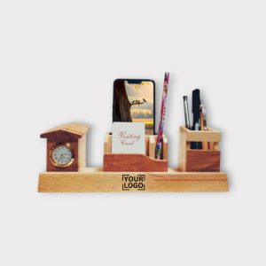 Personalized Wooden Desk Organizer with Clock, Phone Holder, and Pen Slots - PS08