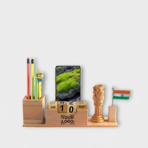 Wooden Desk Organizer with Custom Logo, Calendar, and Phone Stand - PS11