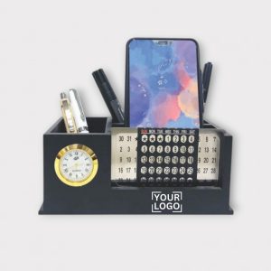 Wooden Desk Organizer with Calendar, Clock, and Phone Slot - PS16